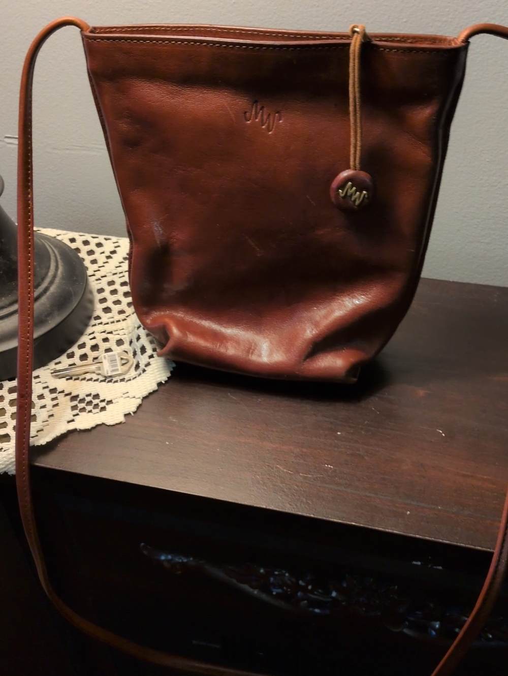Leather Crossbody Bucket Bag in Brown